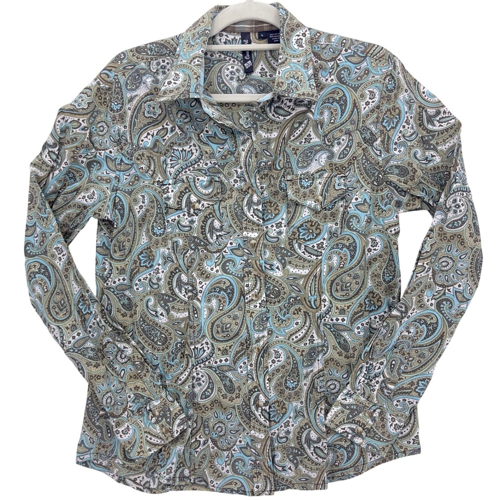 RU Cowgirl Blue Paisley Western Snap Button Shirt L Long Sleeve Pearl Snap